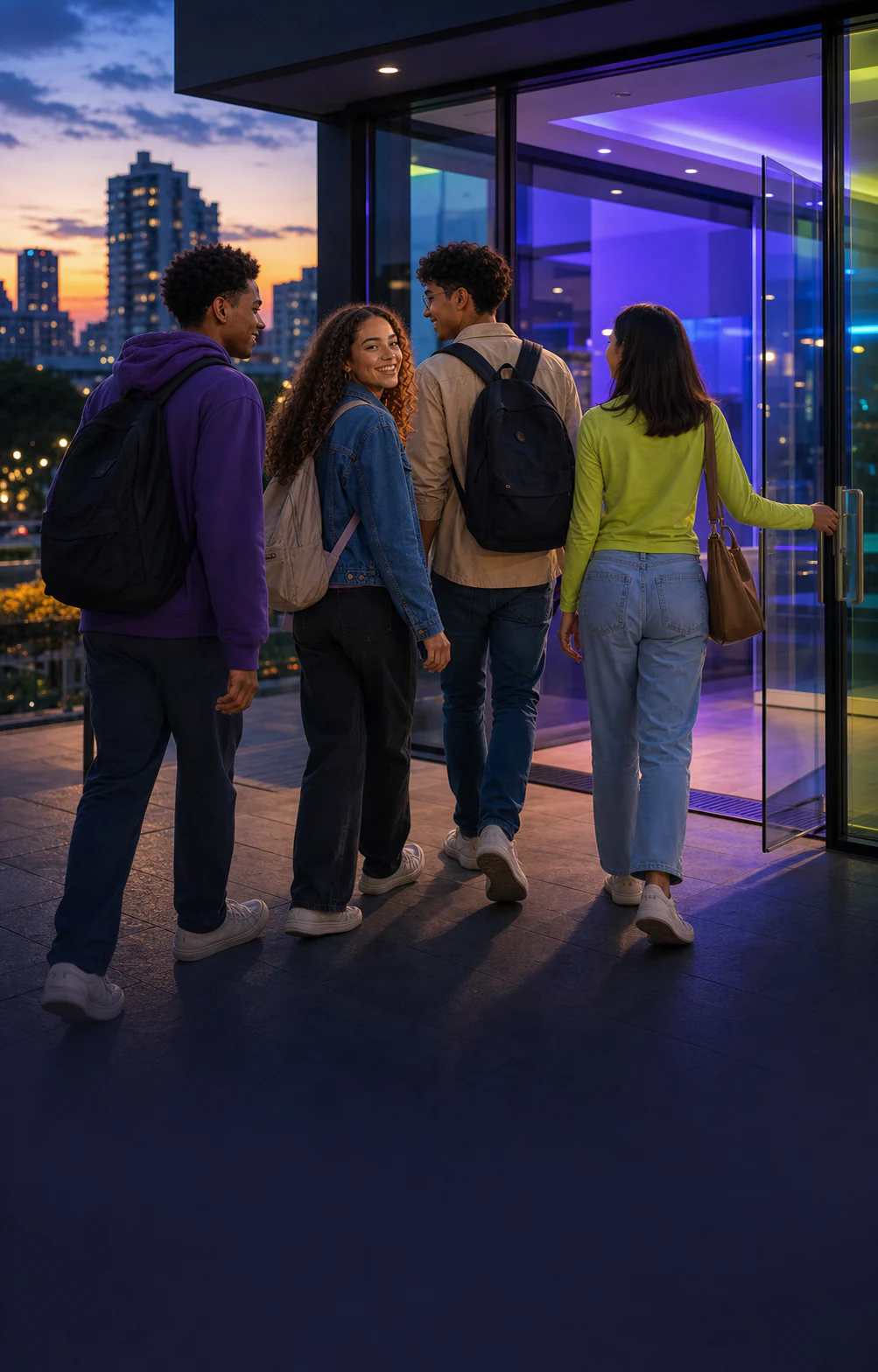 Amigos chegando juntos a uma escola Yázigi