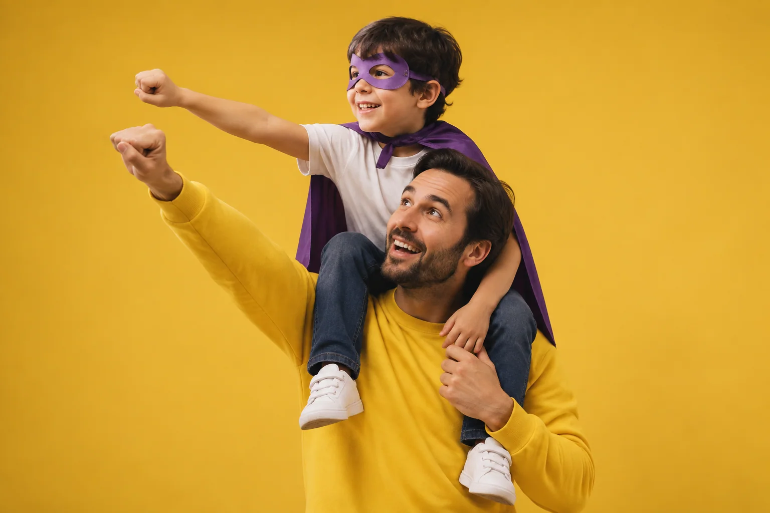Pai e filho brincando de super-herói em um ambiente amarelo.