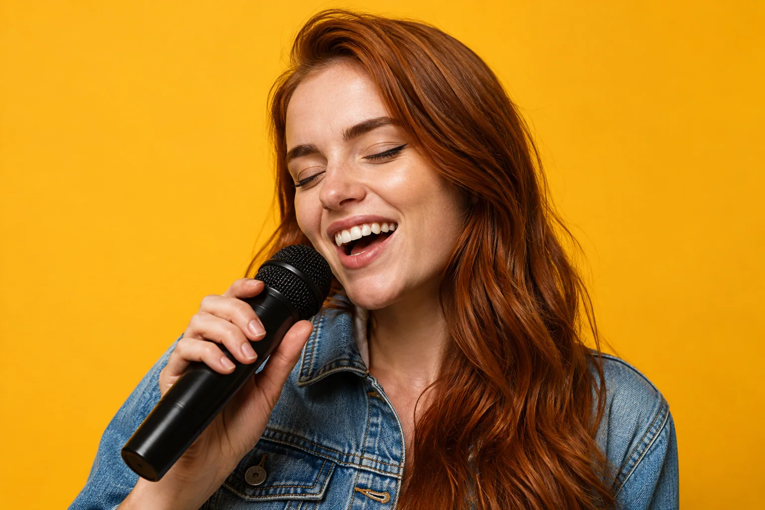 Jovem ruiva cantando com um microfone em fundo amarelo.