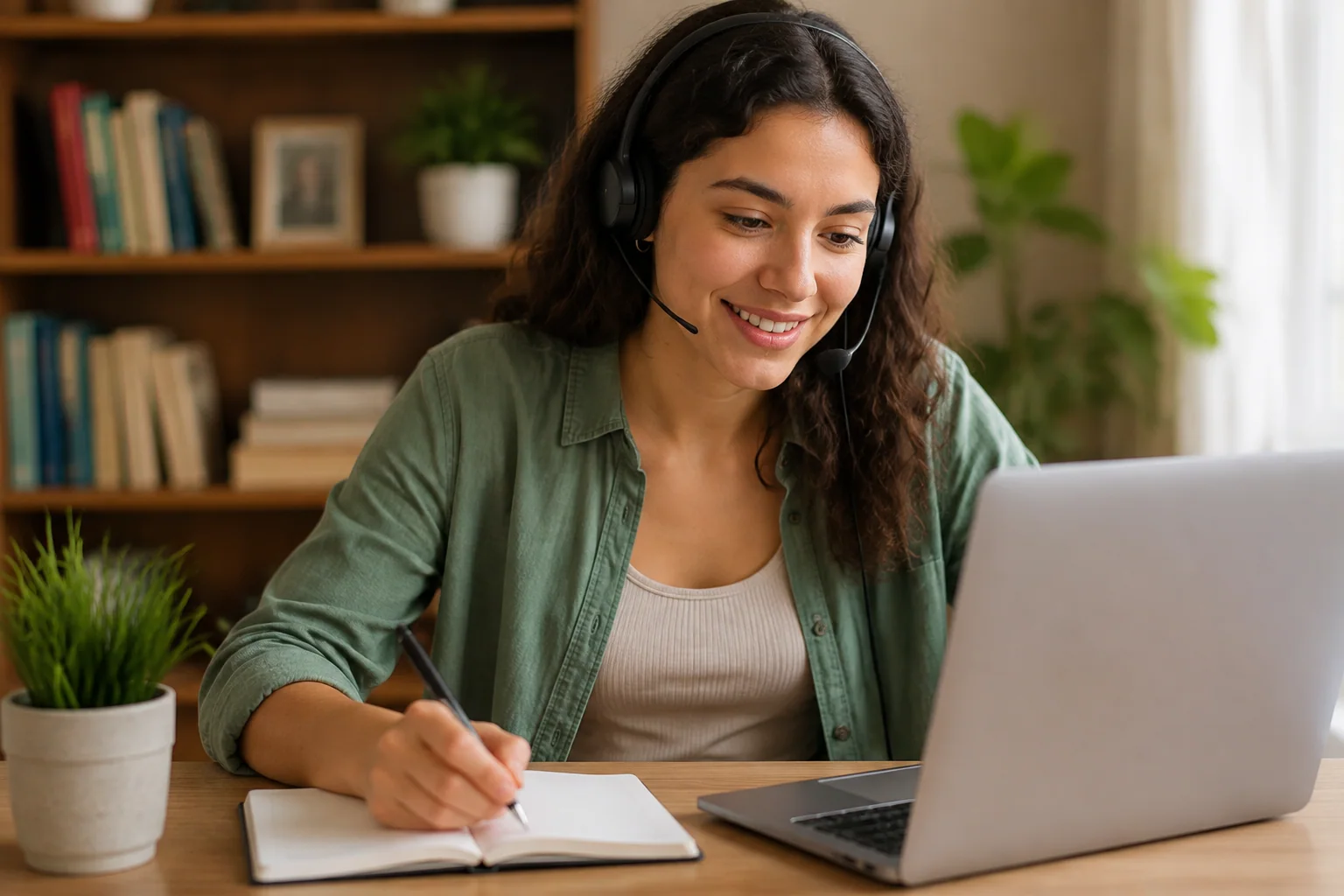 Estudante com headset praticando inglês no computador e no caderno.