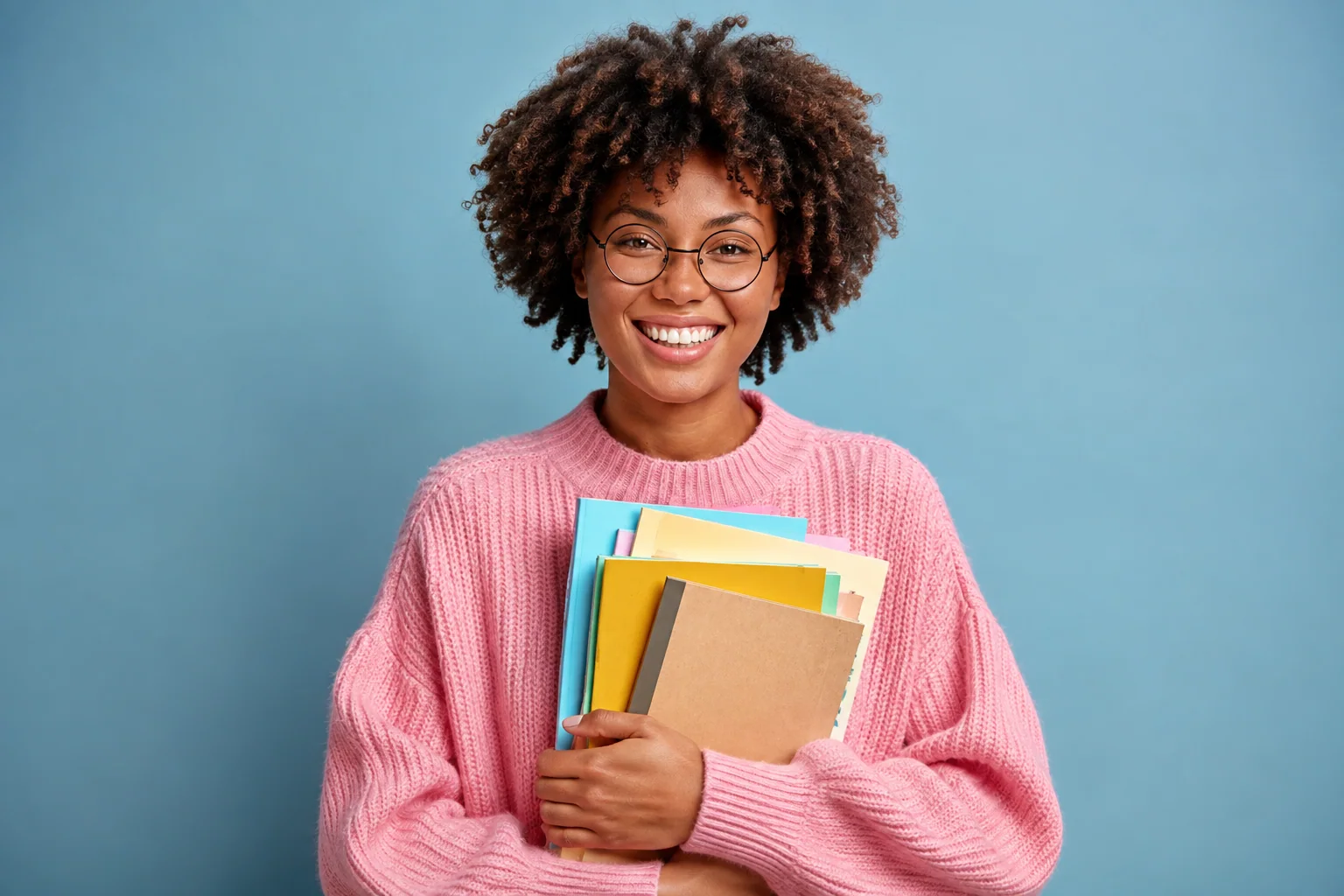 Estudante de óculos segurando livros diante de um fundo azul-claro.