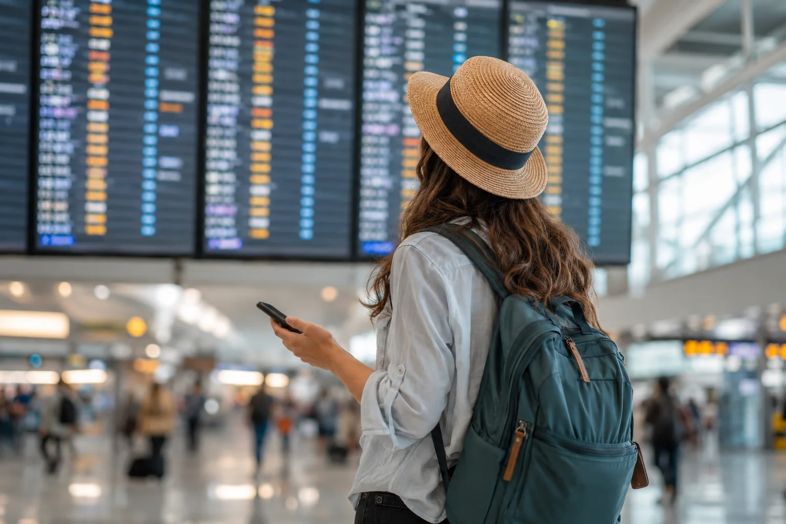 Viajante com mochila consultando o painel de partidas de um aeroporto.