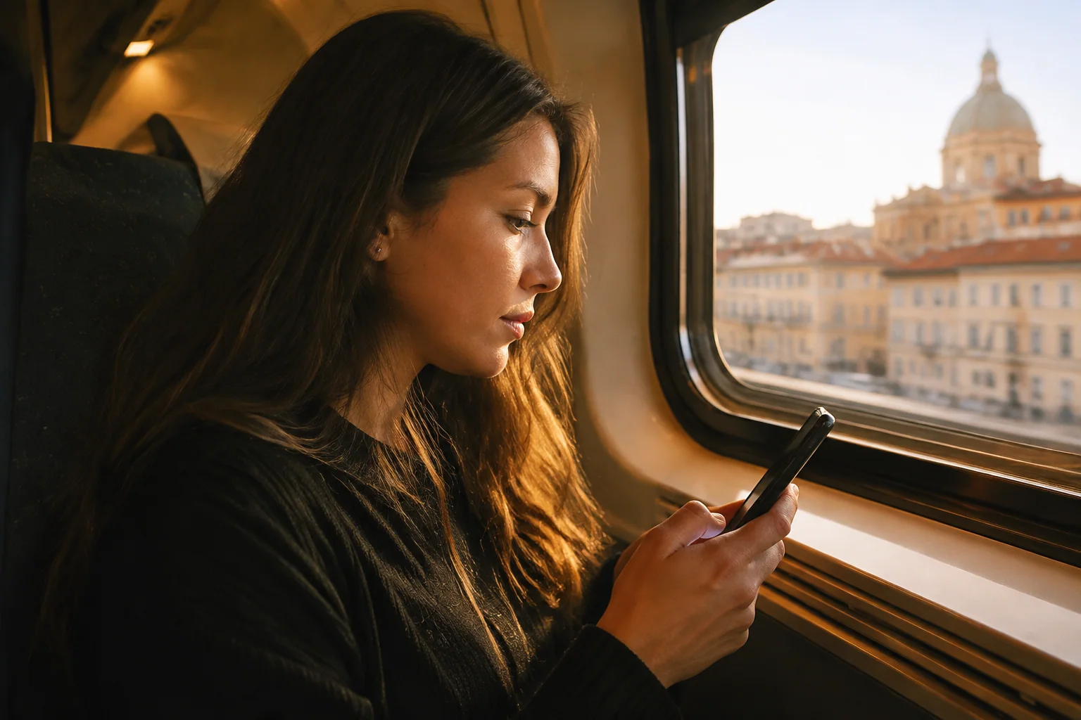 Viajante usando o celular ao lado da janela de um trem.