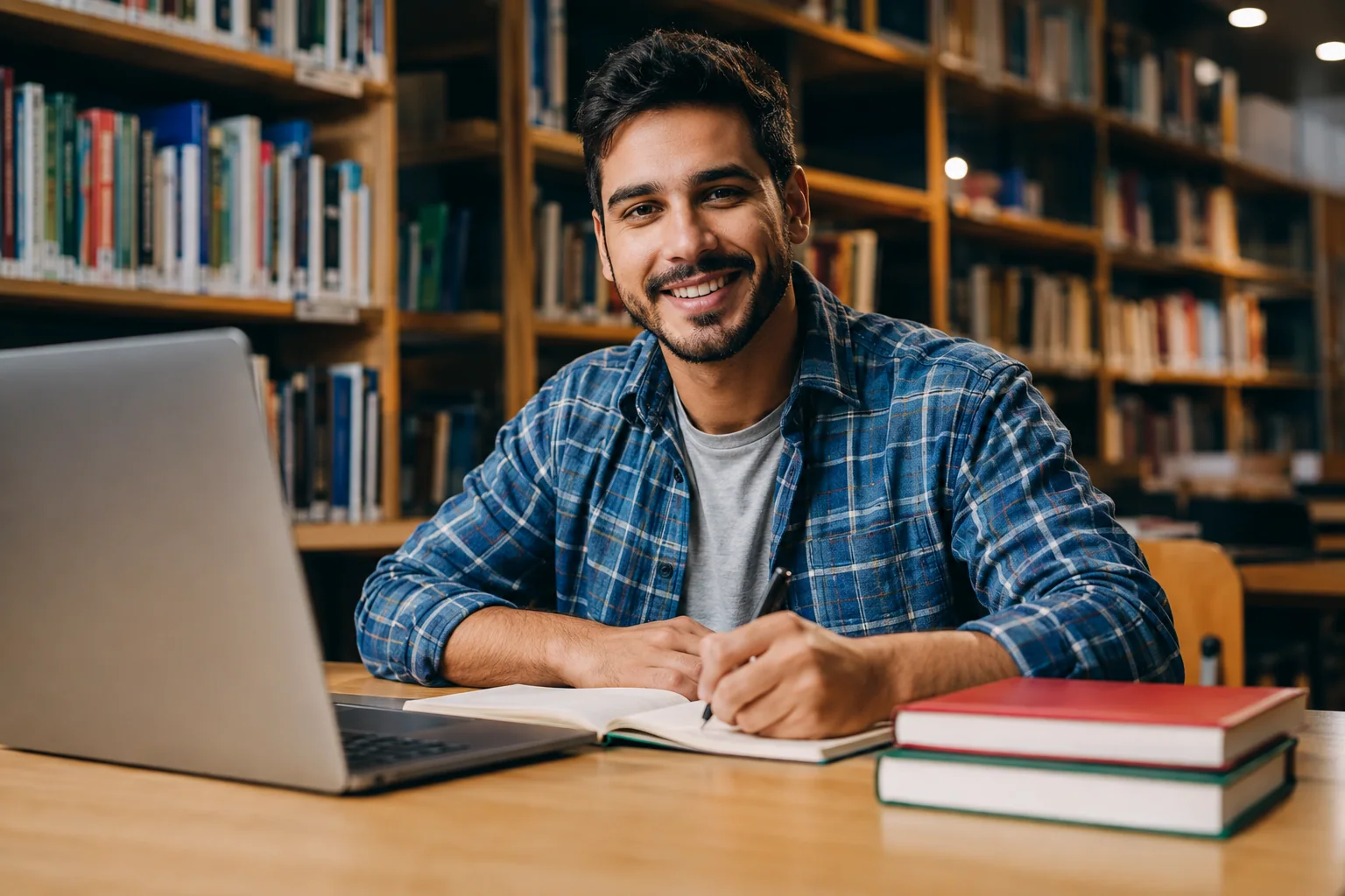 Jovem estudando com notebook, livros e computador para um teste de inglês.