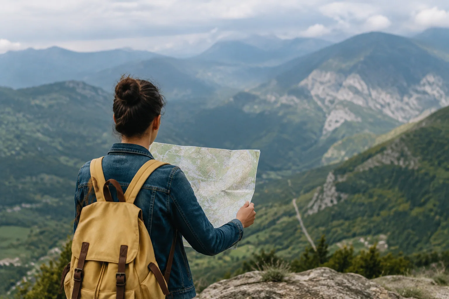 Viajante de mochila consultando um mapa diante de uma paisagem de montanhas.
