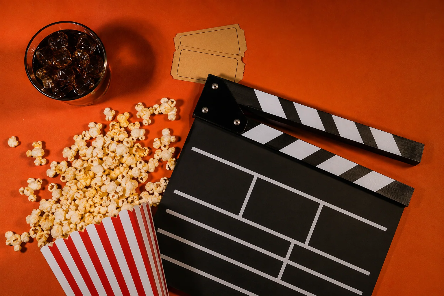 Claquete, pipoca e ingressos de cinema sobre uma superfície laranja.